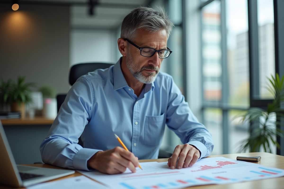 Homme concentré analysant des graphiques Tesla au bureau