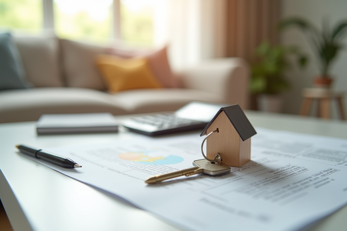 Clé de maison sur contrat de prêt immobilier avec calculatrice