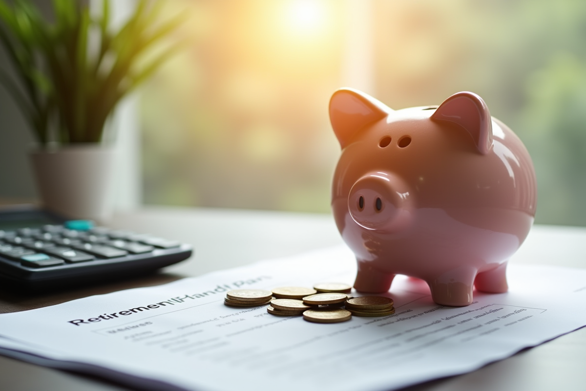 Tirelire avec pièces et calculatrice sur un bureau moderne