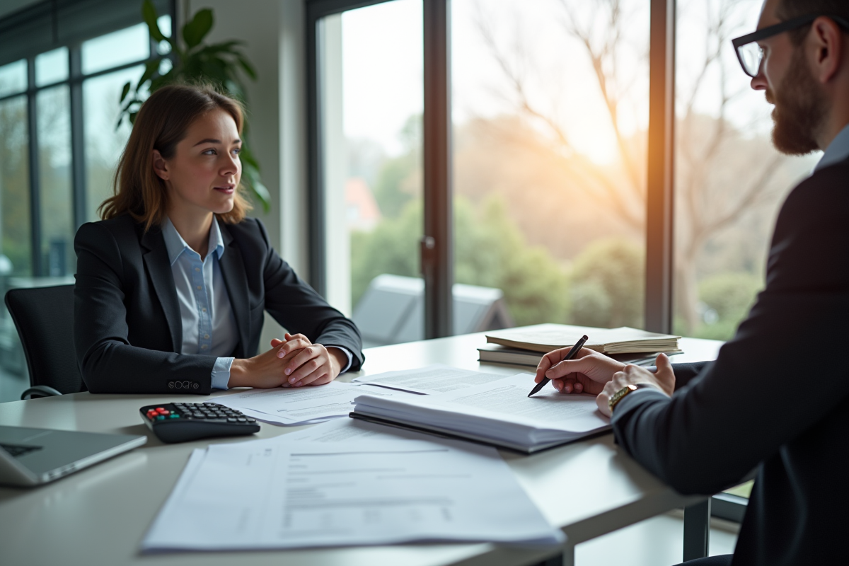 Conseiller financier professionnel avec client dans un bureau lumineux