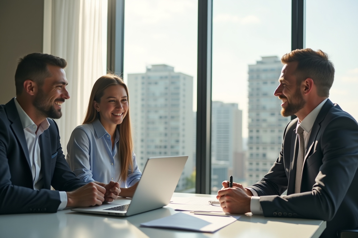 Conseiller financier et couple souriant avec documents de prêt immobilier