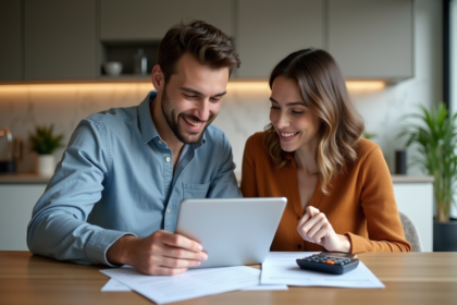 Jeune couple étudiant des documents de prêt immobilier