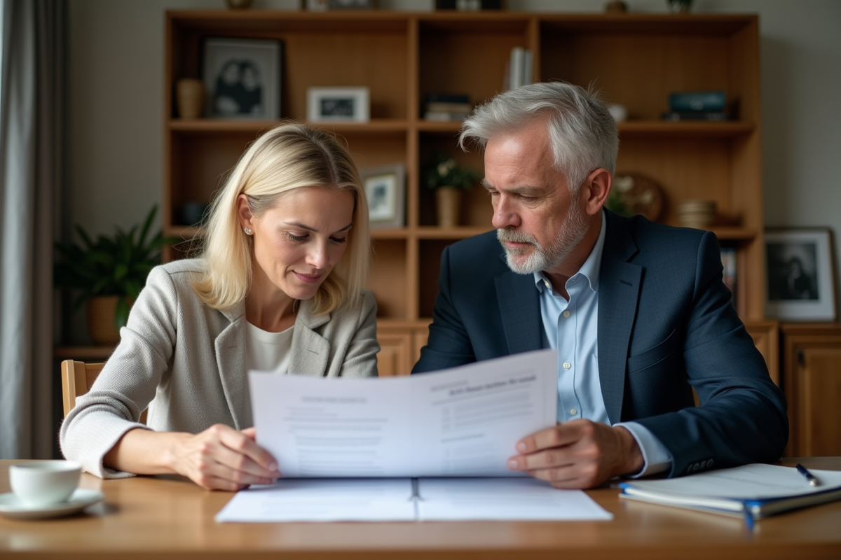 Couple d'adultes examinant des documents d'assurance à la maison