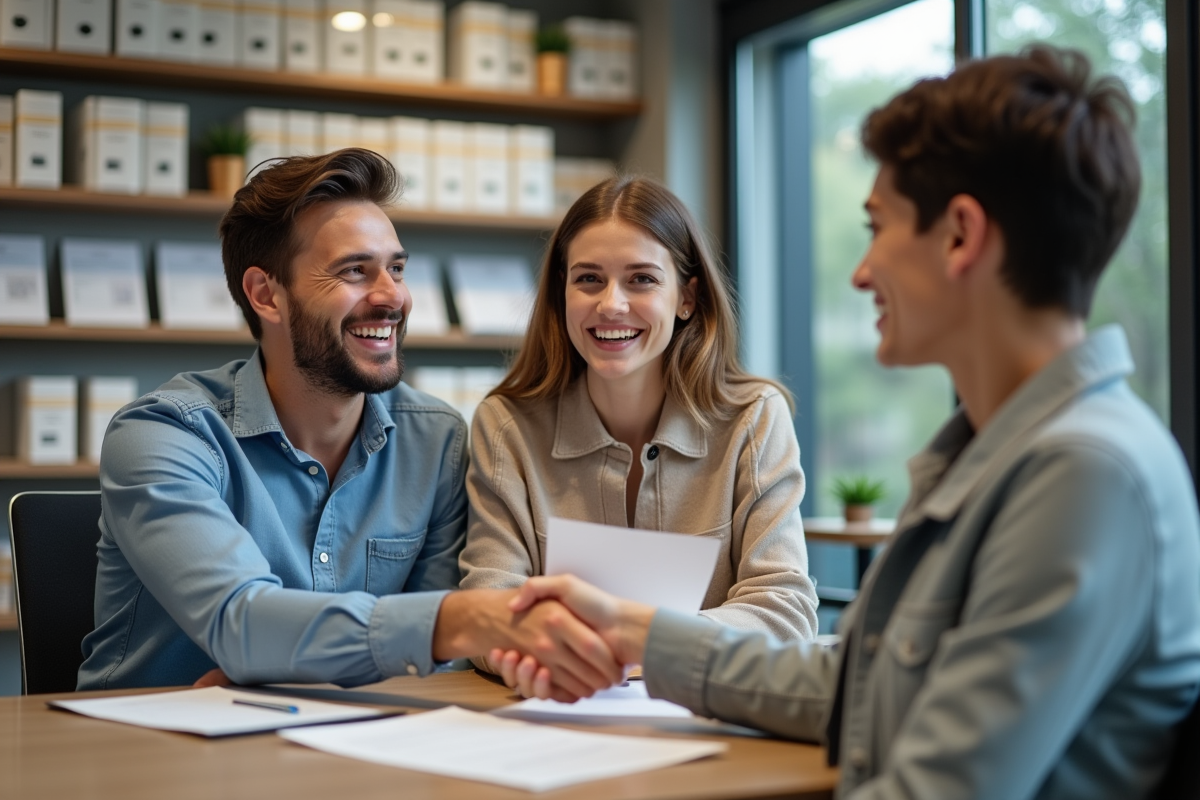 Jeune couple discutant avec un conseiller bancaire souriant