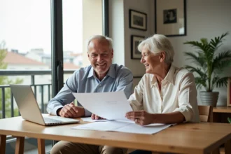 Couple retraité lisant des documents dans un appartement lumineux