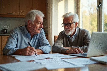 Couple mature examinant documents de retraite à la maison