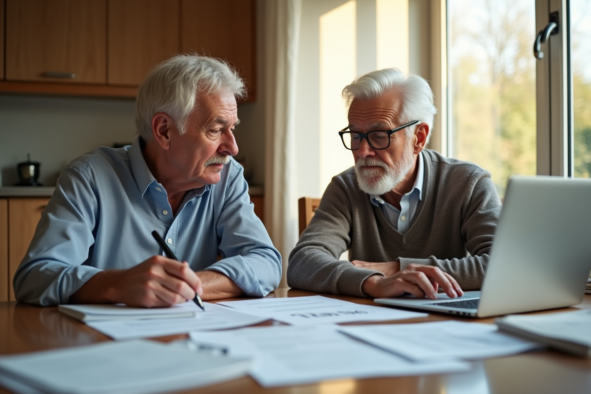 Couple mature examinant documents de retraite à la maison