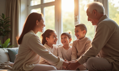 Famille multigenerational souriante dans un salon lumineux