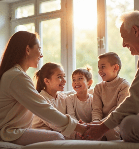 Famille multigenerational souriante dans un salon lumineux