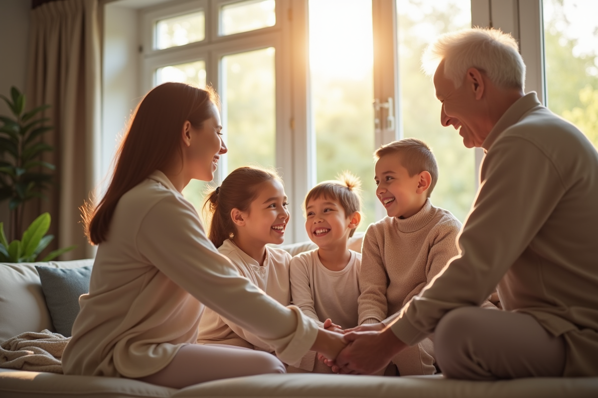 Famille multigenerational souriante dans un salon lumineux