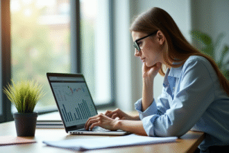 Femme d'affaires analysant des graphiques de profit dans un bureau lumineux