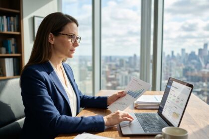 Femme d'affaires en bureau moderne avec graphiques financiers