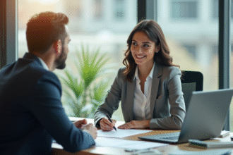 Femme d'affaires signant un prêt dans un bureau moderne