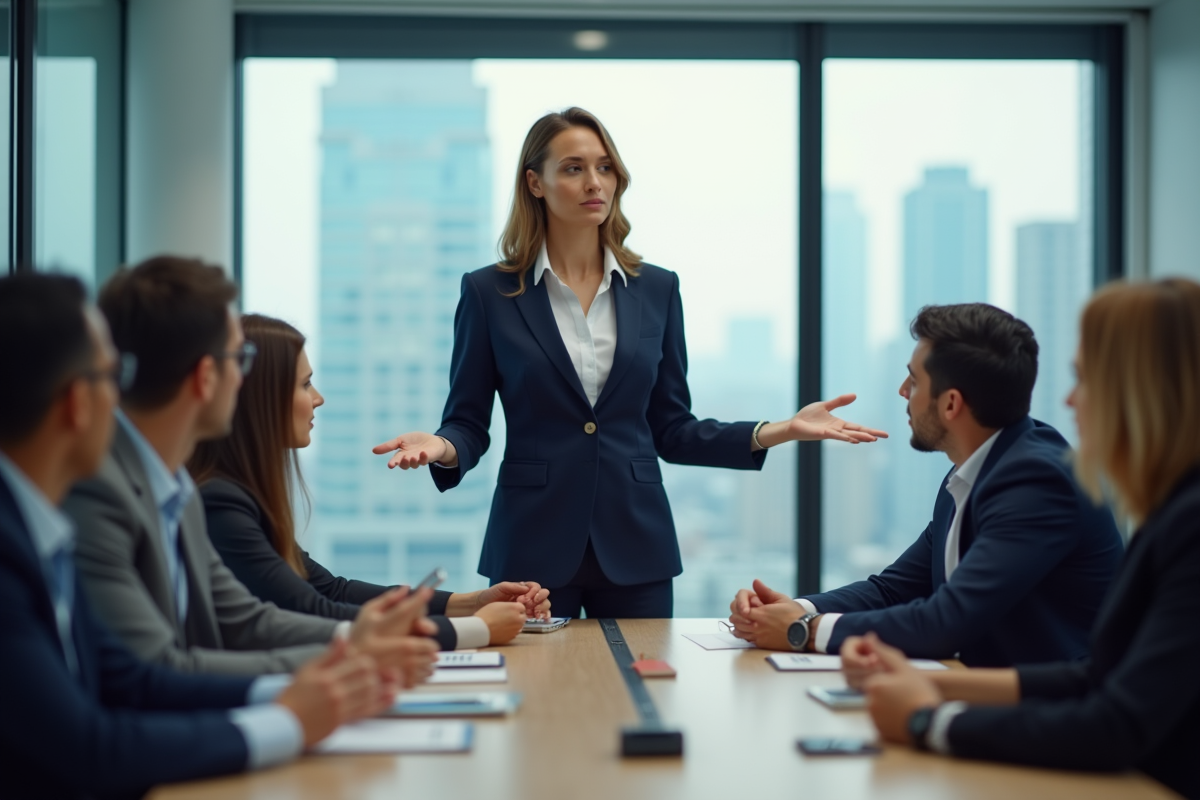 Femme d'affaires en costume navy présente une stratégie en réunion