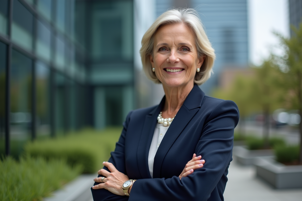 Femme d affaires confiante devant un bâtiment moderne