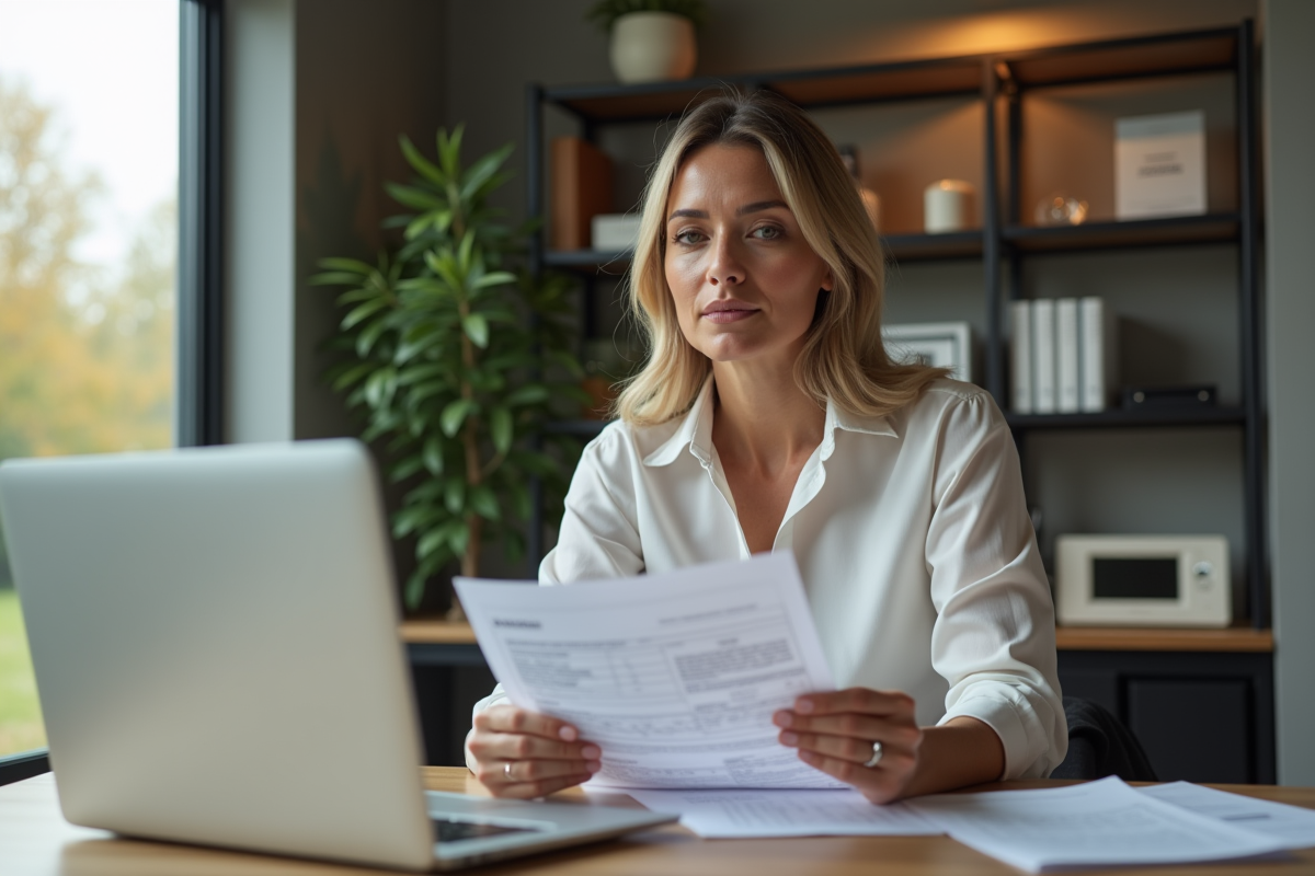 Femme d affaires dans un bureau moderne examine un relevé bancaire