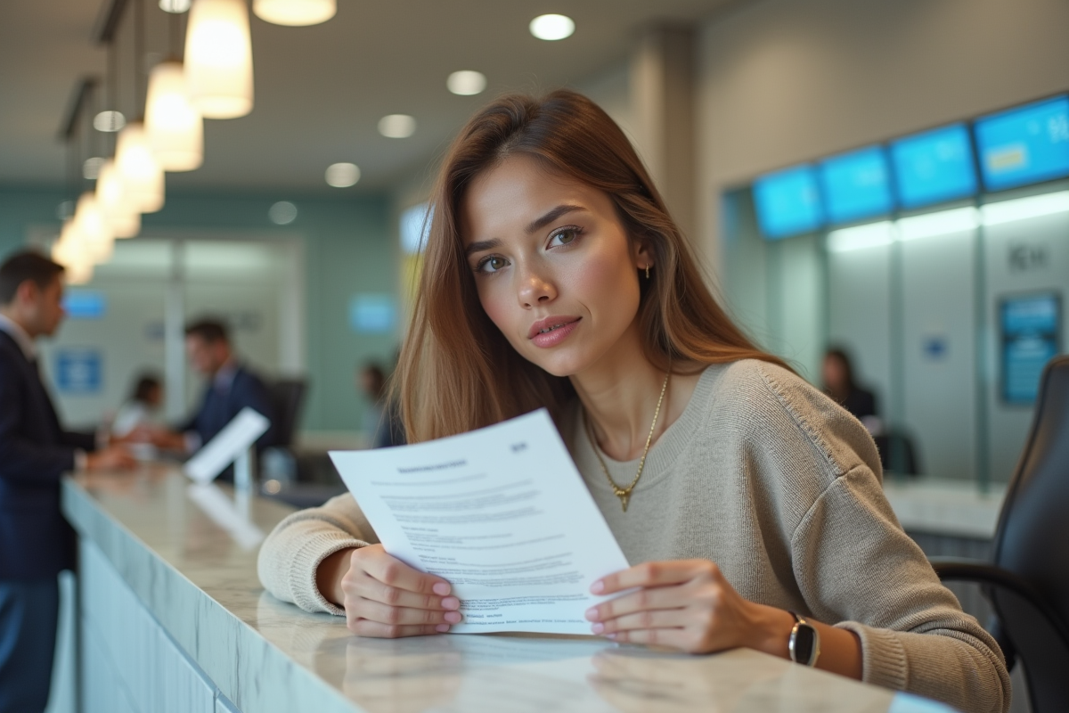 Jeune femme tenant une lettre de notification dans une banque