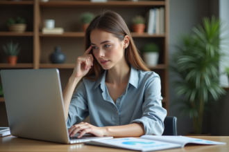Jeune femme au bureau analysant des graphiques financiers