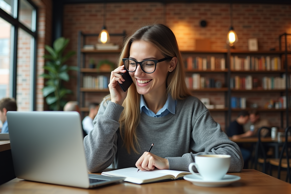 Jeune femme au café parlant au smartphone et prenant des notes