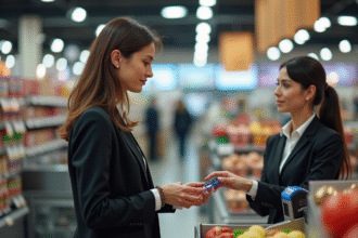 Femme en caisse de supermarché tendant sa carte bancaire