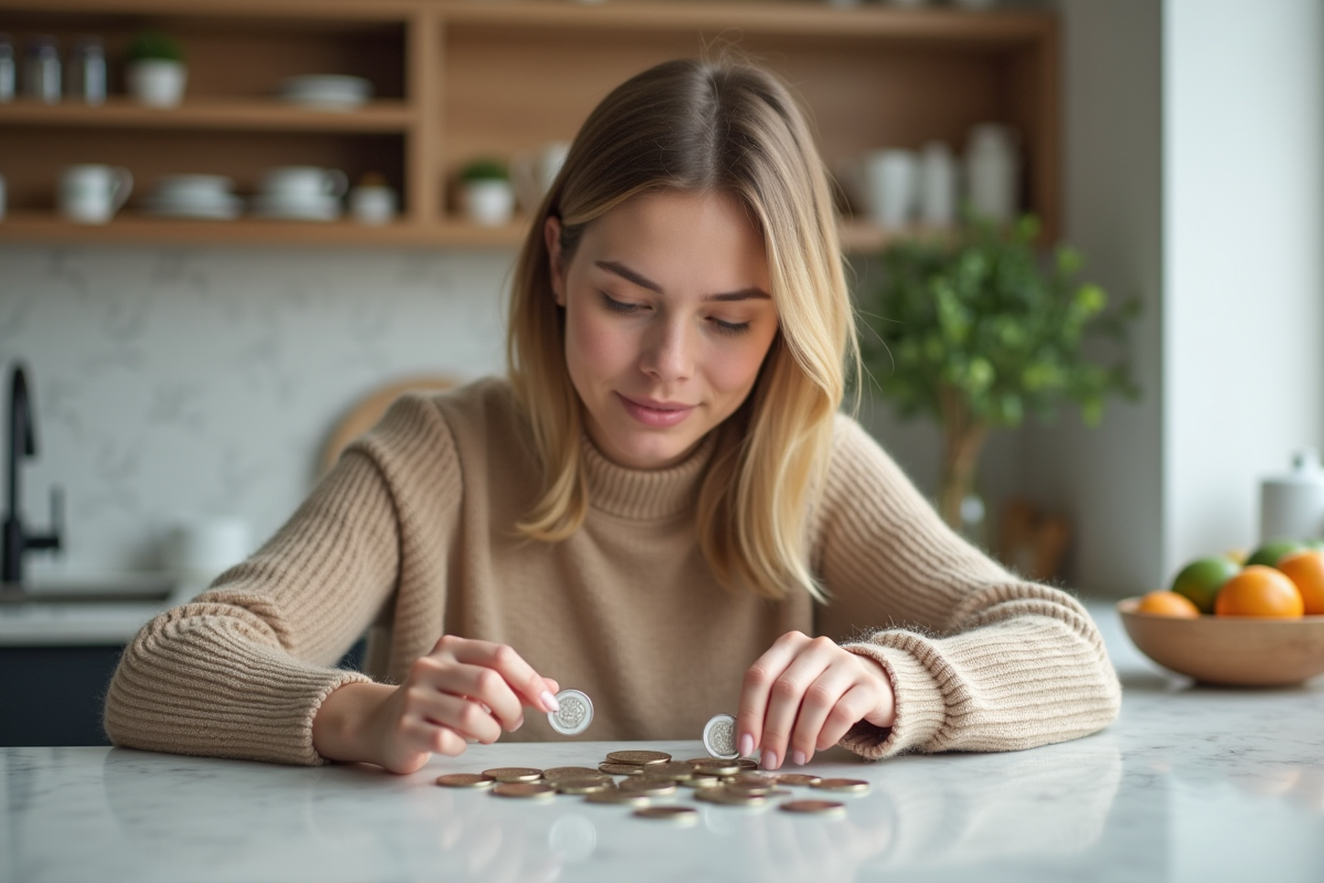 Jeune femme étudiant des pièces en argent et platine à la maison