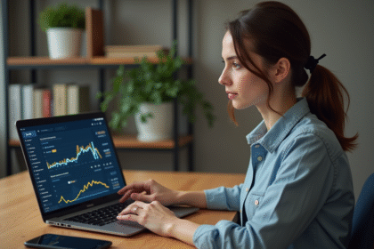 Jeune femme surveillant ses analyses crypto sur son ordinateur