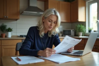 Femme d'âge moyen en cuisine examinant des papiers
