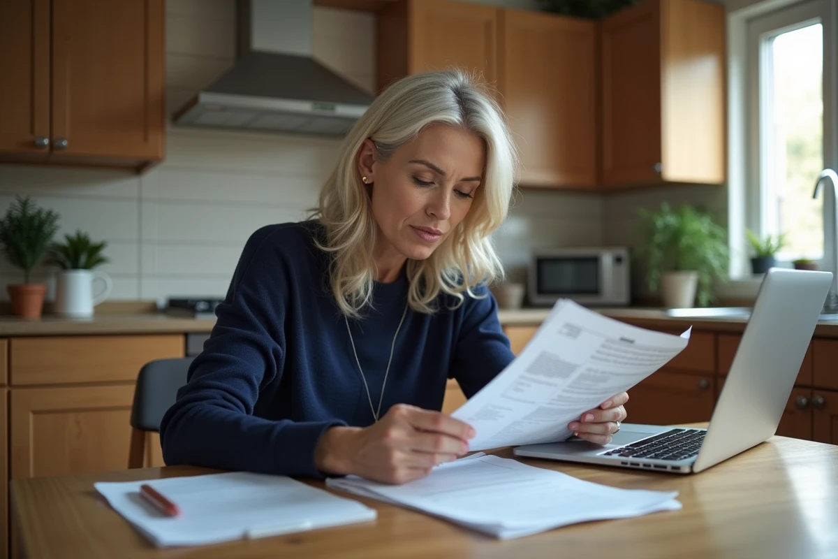 Femme d'âge moyen en cuisine examinant des papiers