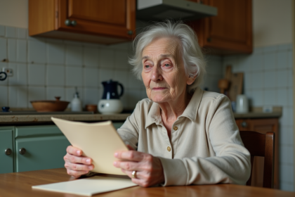 Femme âgée lisant un document dans la cuisine