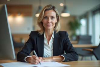 Femme d affaires remplissant un formulaire de prêt en banque