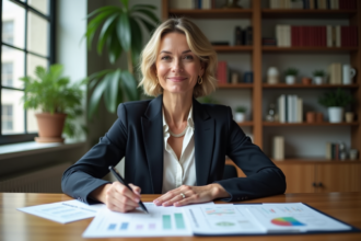 Femme d'affaires examine des graphiques financiers