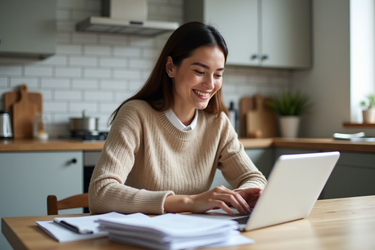 Femme souriante utilisant une tablette dans la cuisine