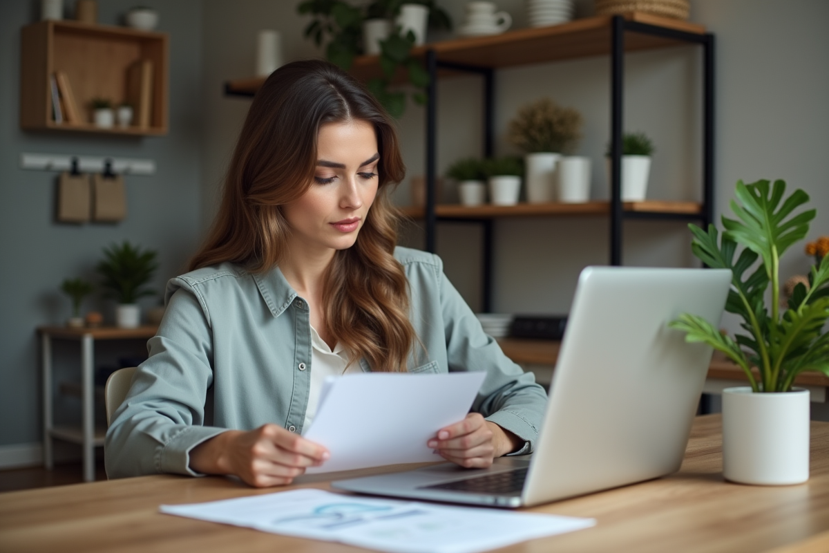 Femme en intérieur examinant des documents financiers