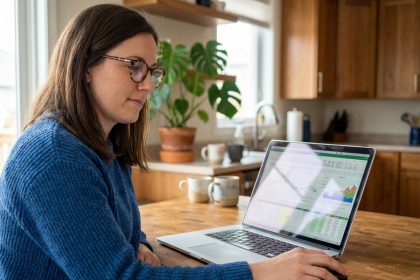 Femme utilisant un ordinateur portable pour analyser des graphiques financiers dans une cuisine moderne