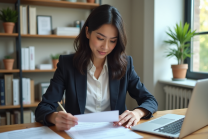 Femme en bureau lisant des documents de pret immobilier