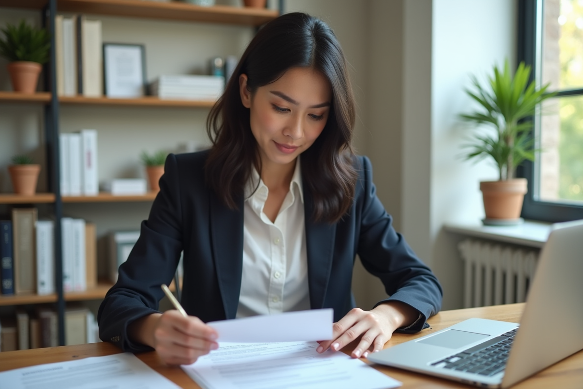 Femme en bureau lisant des documents de pret immobilier