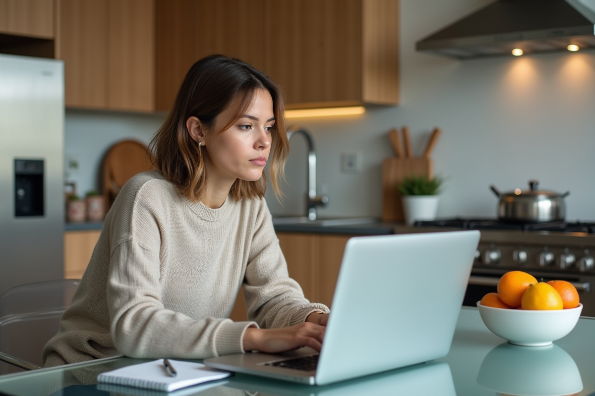Jeune femme vérifiant ses finances à la maison