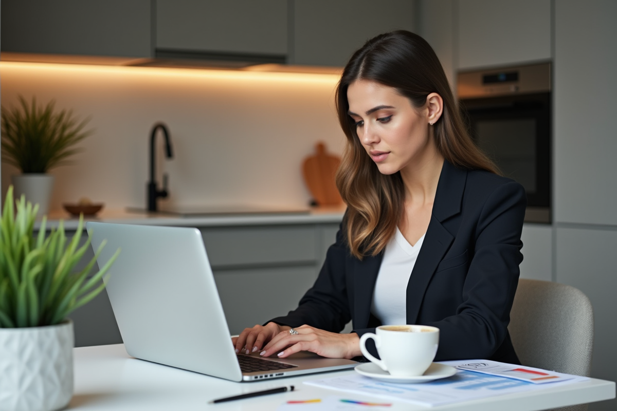 Femme d affaires utilisant son ordinateur pour une demande de prêt