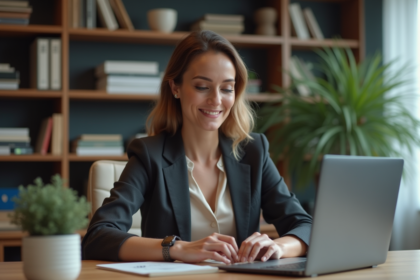 Femme souriante effectuant un virement bancaire sur son ordinateur