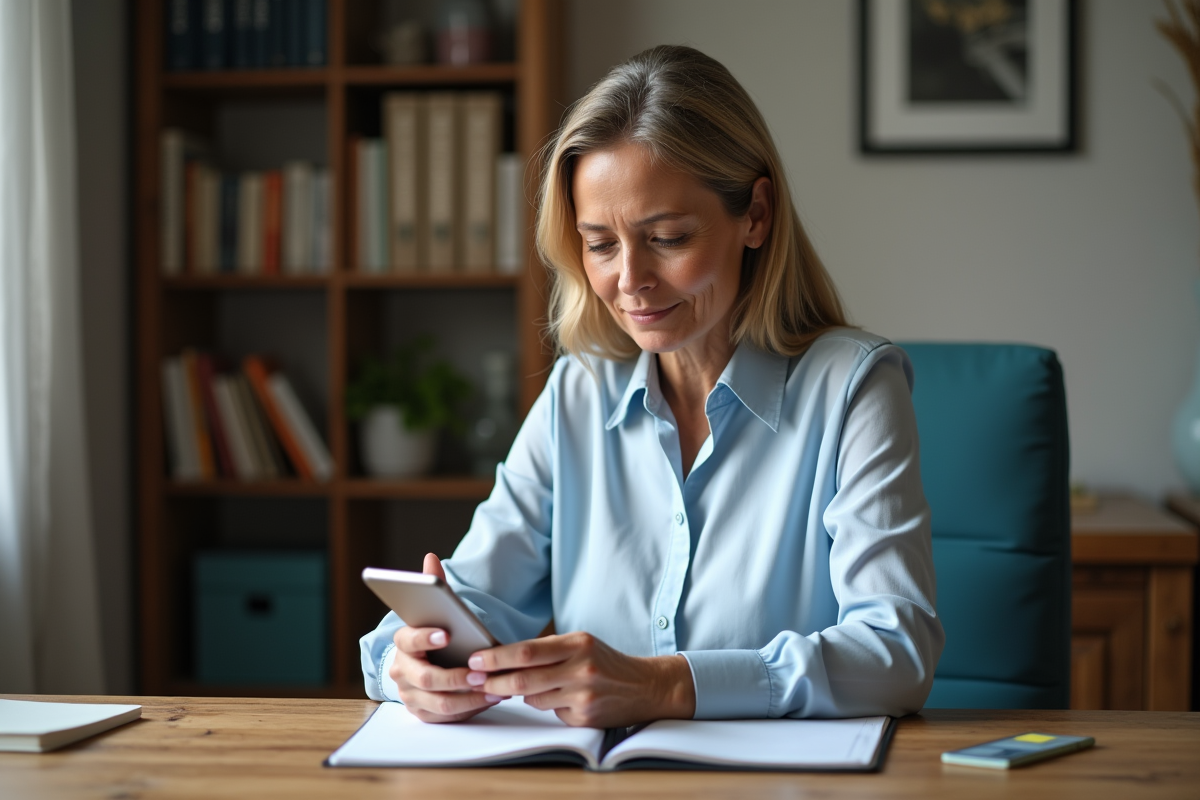Femme d age moyen utilise son smartphone pour transfert bancaire