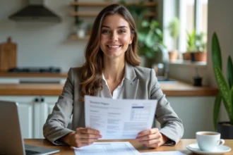 Femme souriante tenant un rapport de crédit à la maison