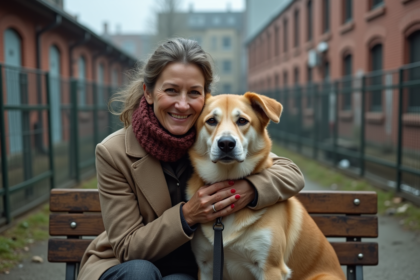 Femme réconfortant un chien sauvé dans un refuge animalier