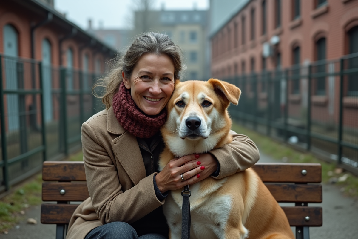 Femme réconfortant un chien sauvé dans un refuge animalier