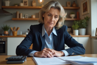 Femme d'âge moyen étudie des papiers de retraite à la maison