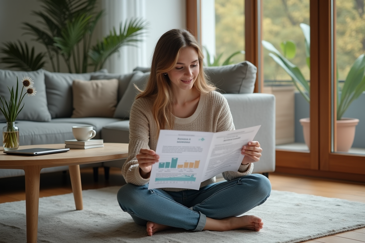 Jeune femme examinant un rapport financier chez elle