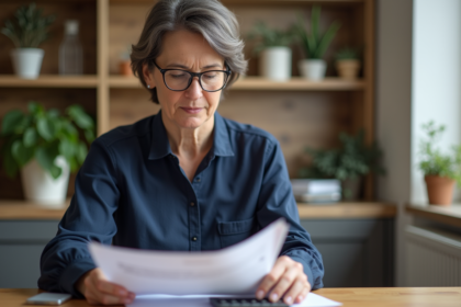 Femme d'âge moyen consulte un relevé de retraite à la maison