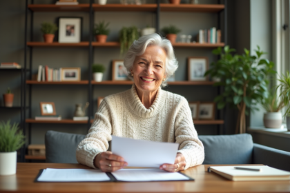 Femme senior souriante planifiant sa retraite à la maison