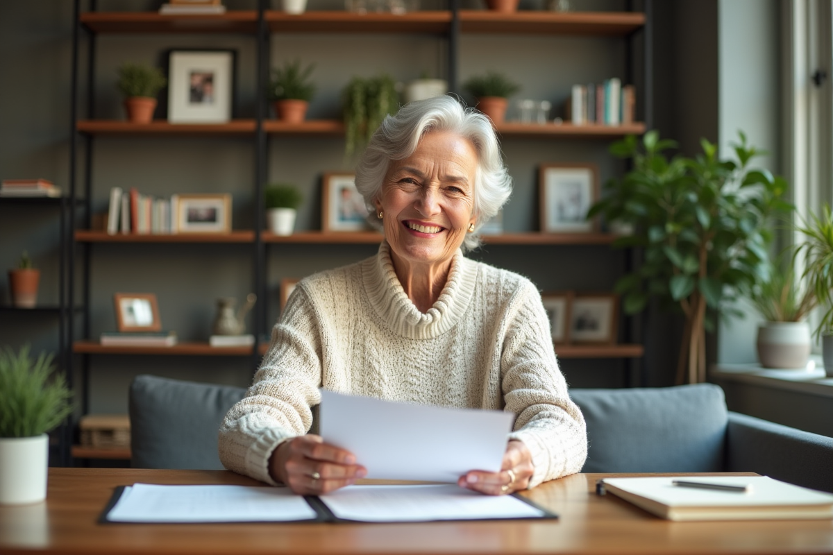 Femme senior souriante planifiant sa retraite à la maison