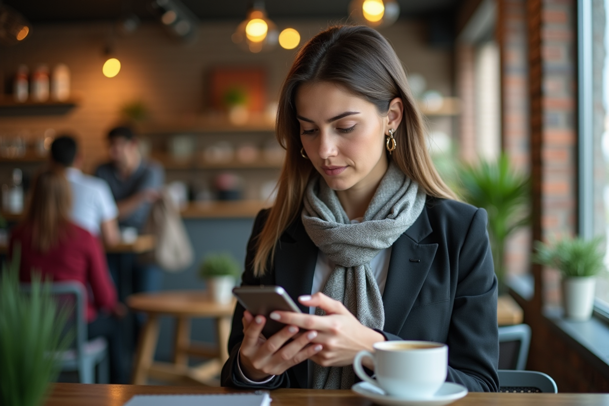 Femme d affaires regarde son smartphone dans un café