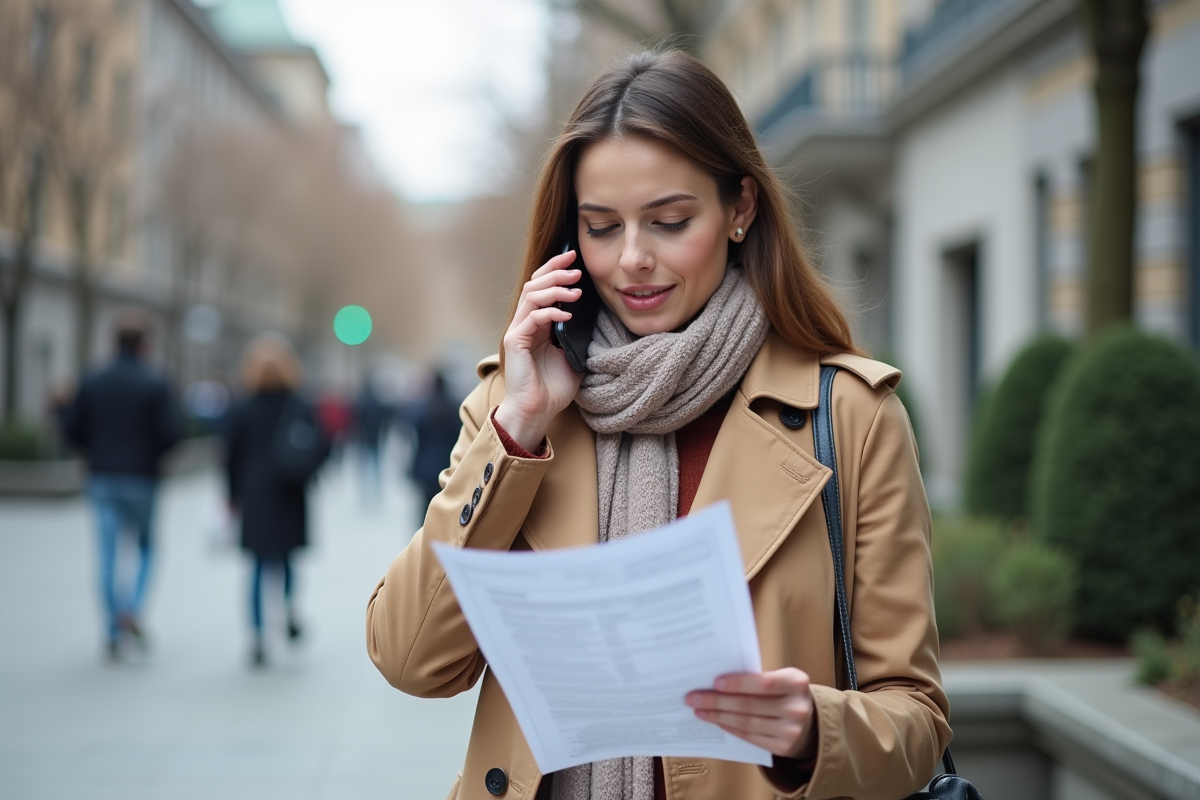 Femme tenant un smartphone et examinant des documents en ville